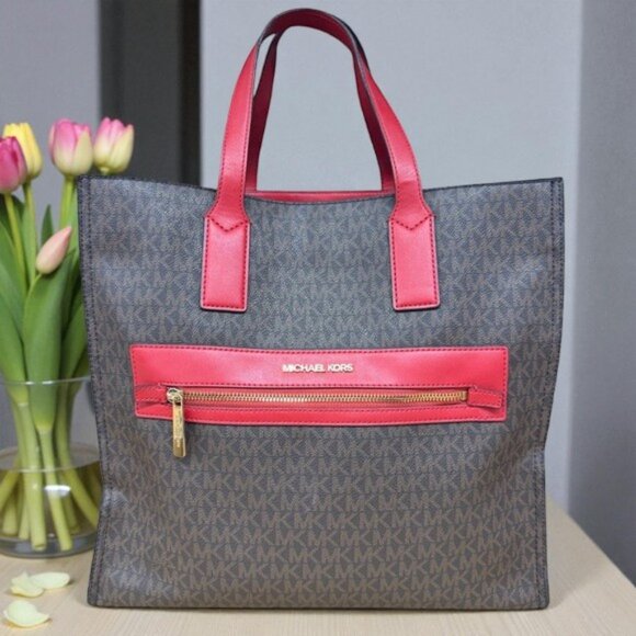 Michael Kors Kenly Brown Flame Red MK Signature Large Tote Shoulder Bag Purse - Picture 2 of 15